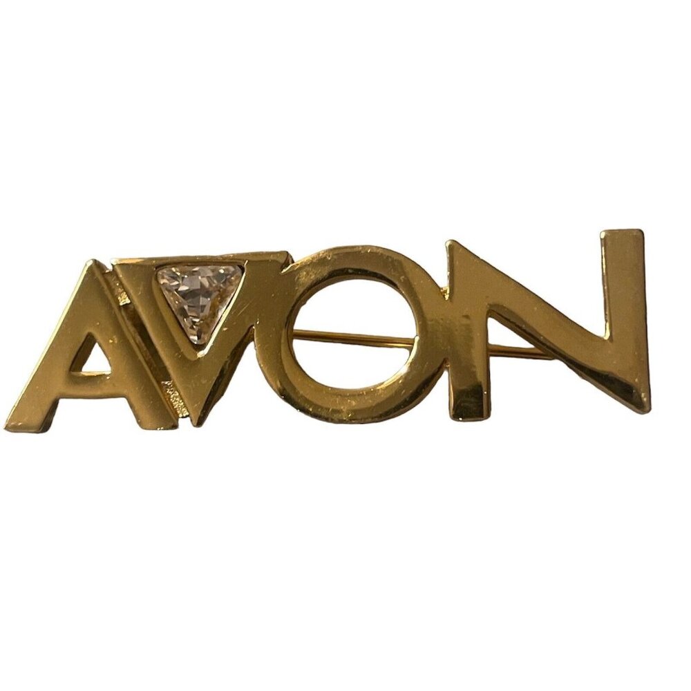 Avon Representative‎ Clear Rhinestone Gold Tone Brooch Pin Letters Triangle VTG